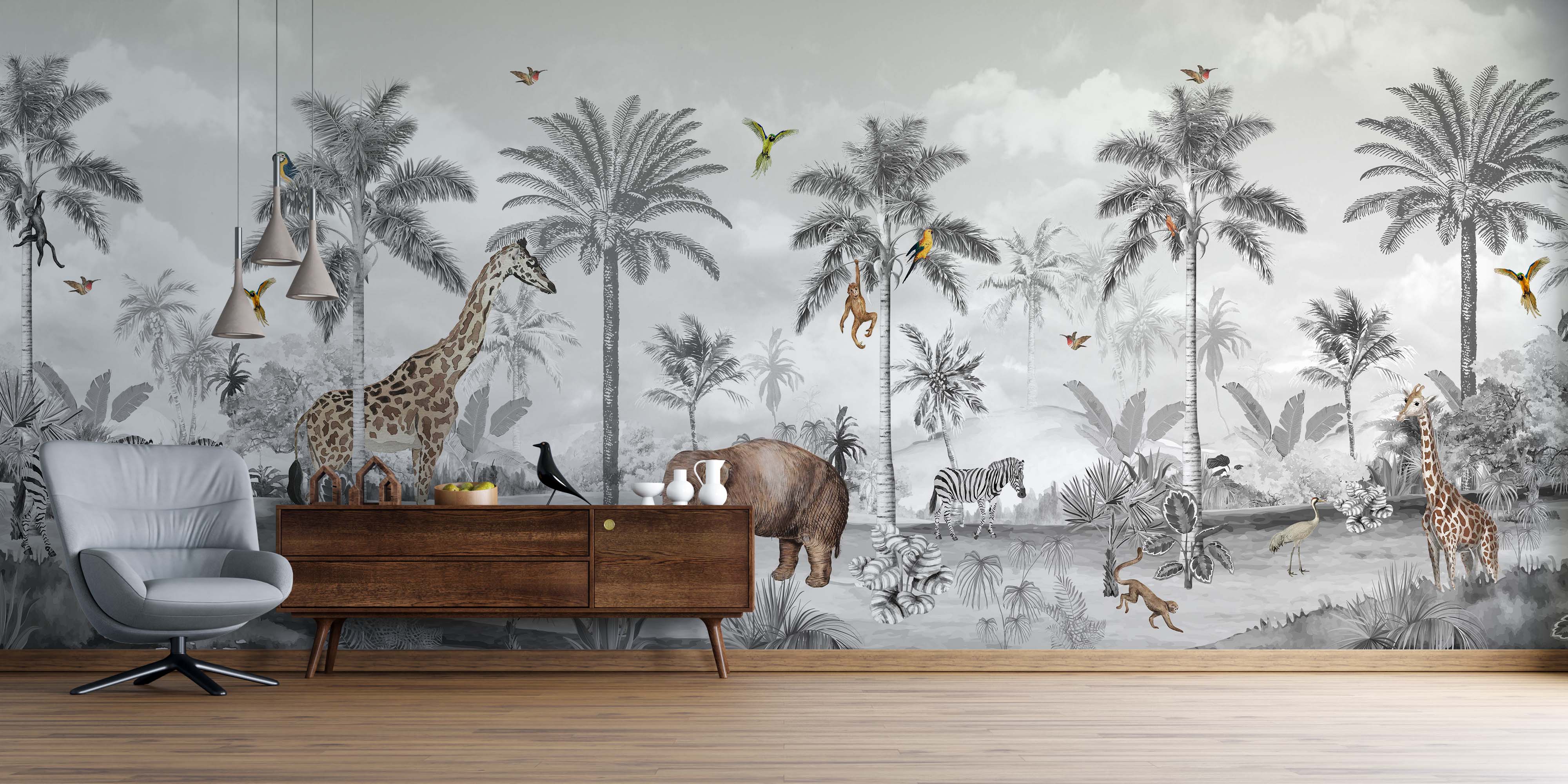 Papier peint Panorama de la jungle avec des animaux nr. u74709