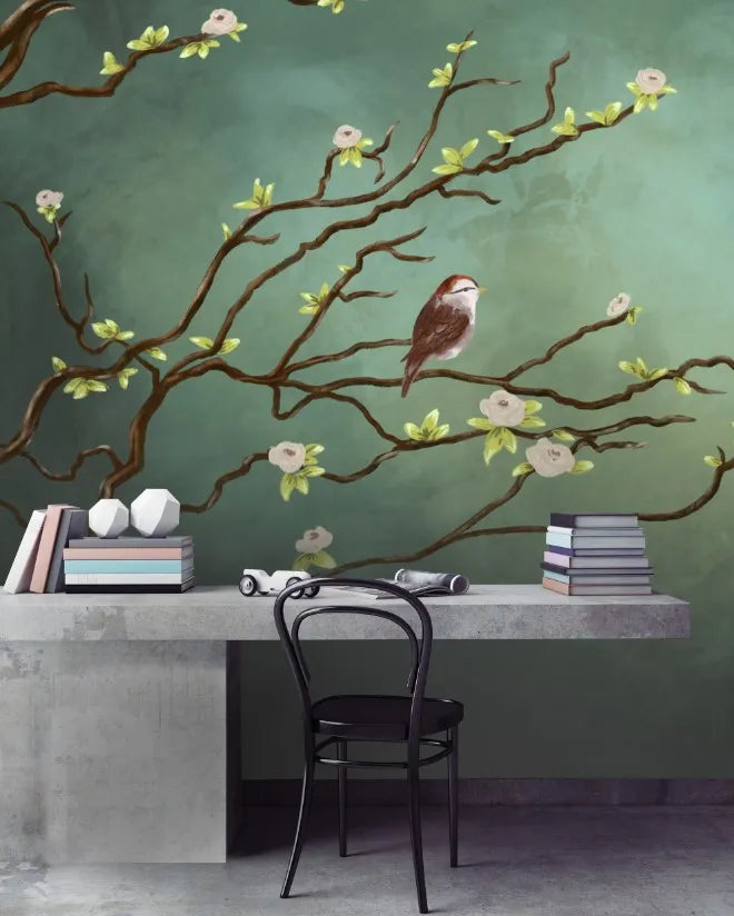 Papier peint panoramique oiseaux sur l'arbre - Poésie Murale