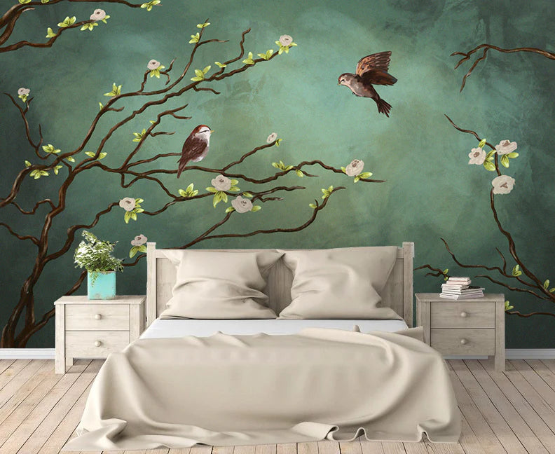 Papier peint panoramique oiseaux sur l'arbre - Poésie Murale