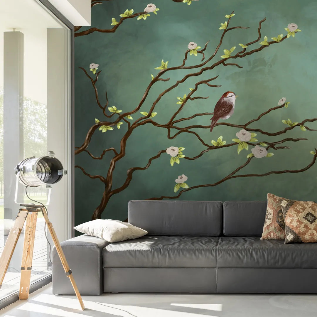 Papier peint panoramique oiseaux sur l'arbre - Poésie Murale