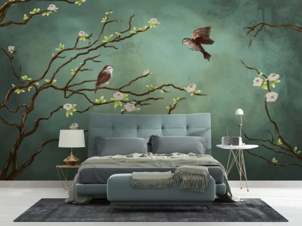 Papier peint panoramique oiseaux sur l'arbre - Poésie Murale