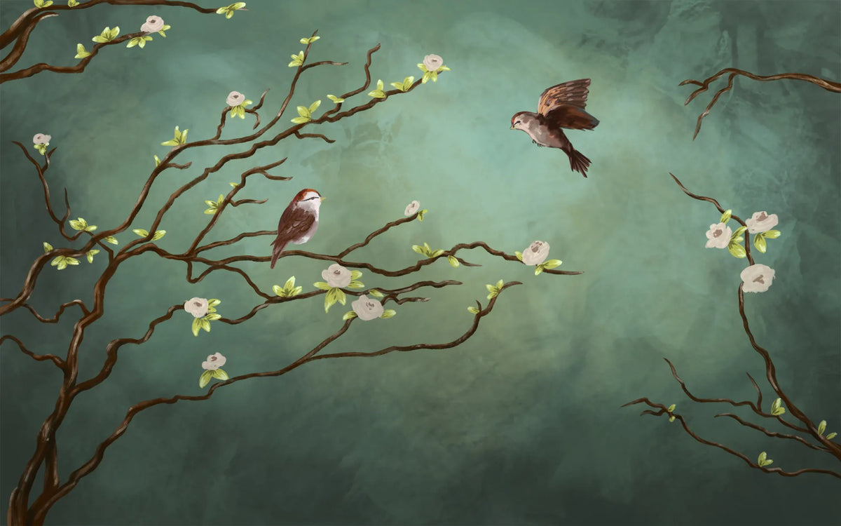Papier peint panoramique oiseaux sur l'arbre - Poésie Murale