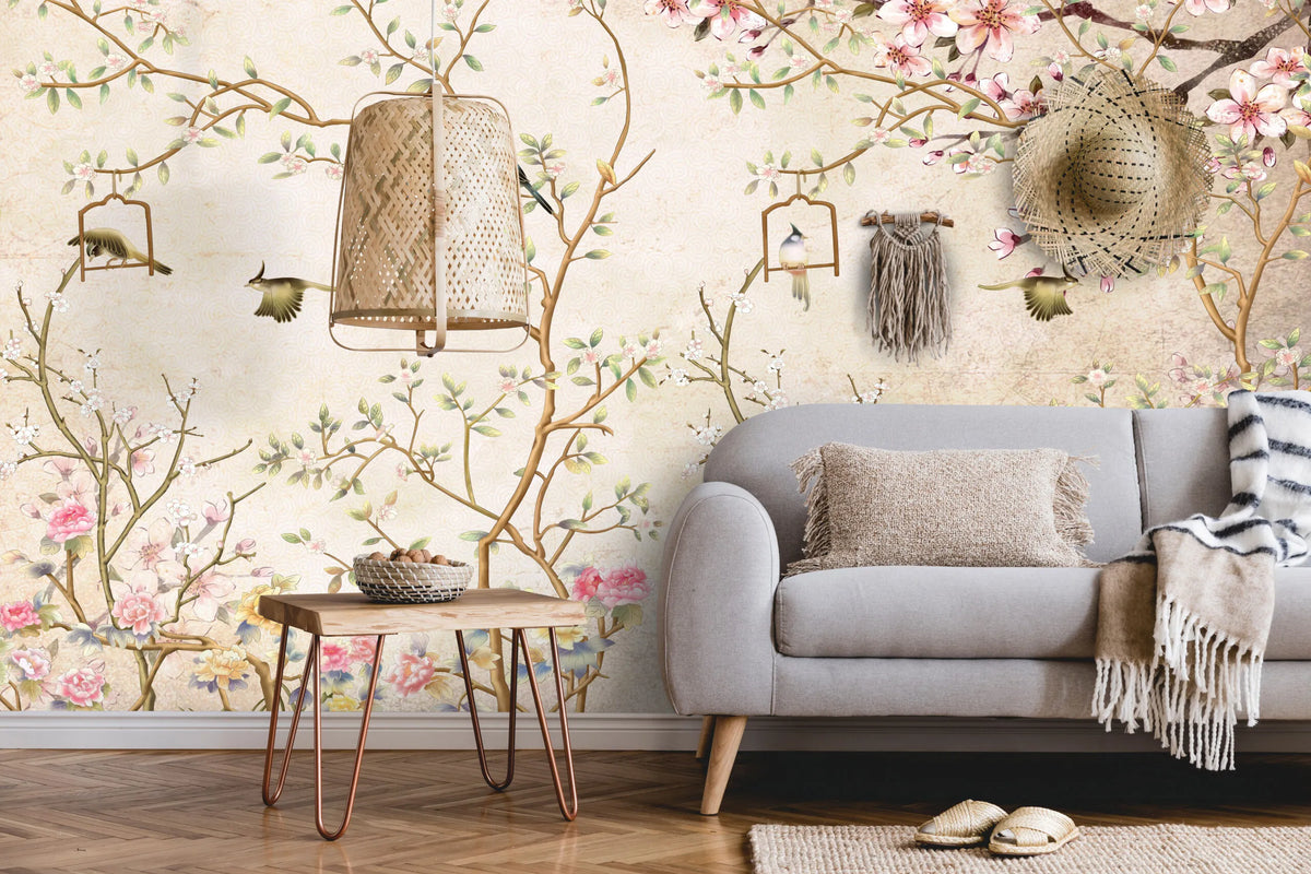 Papier peint panoramique cerisier fleuri - Poésie Murale