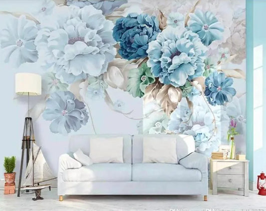 Papier peint panoramique bouquet de fleurs bleues - Poésie Murale