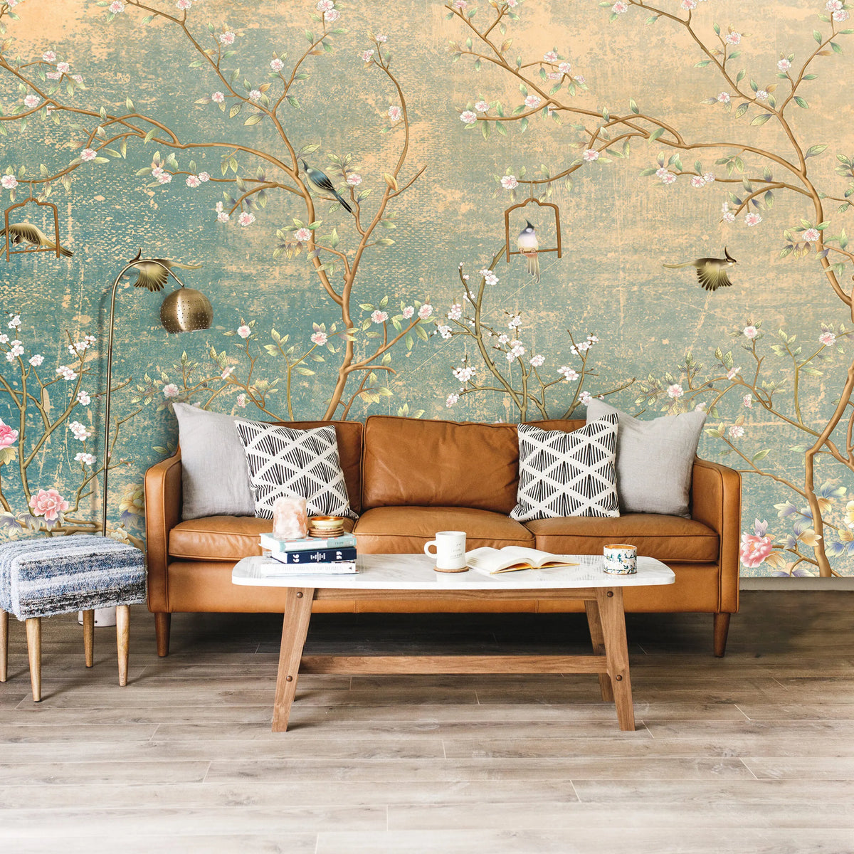 Papier peint panoramique arbuste fleuri et oiseaux - Poésie Murale