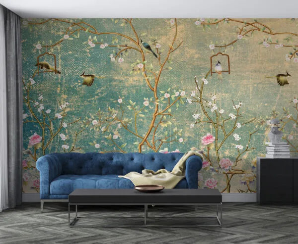 Papier peint panoramique arbuste fleuri et oiseaux - Poésie Murale