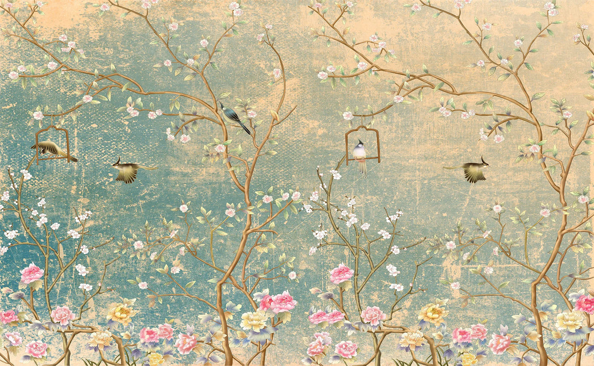 Papier peint panoramique arbuste fleuri et oiseaux - Poésie Murale