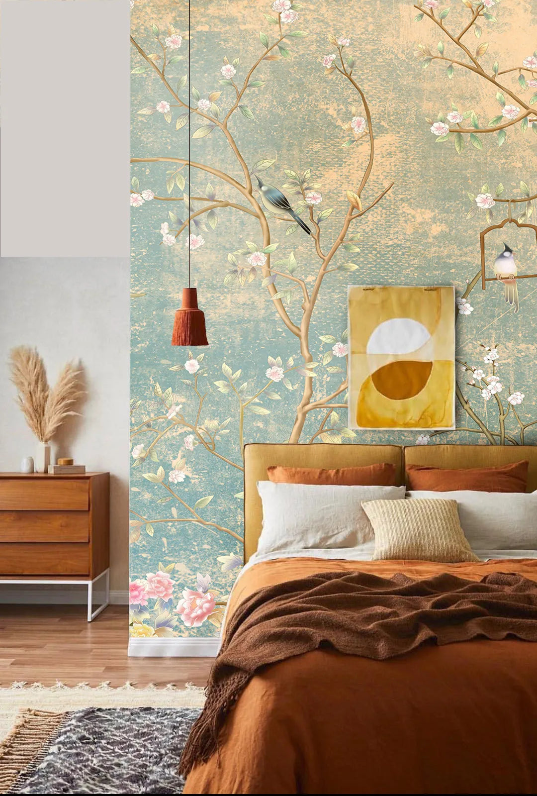 Papier peint panoramique arbuste fleuri et oiseaux - Poésie Murale