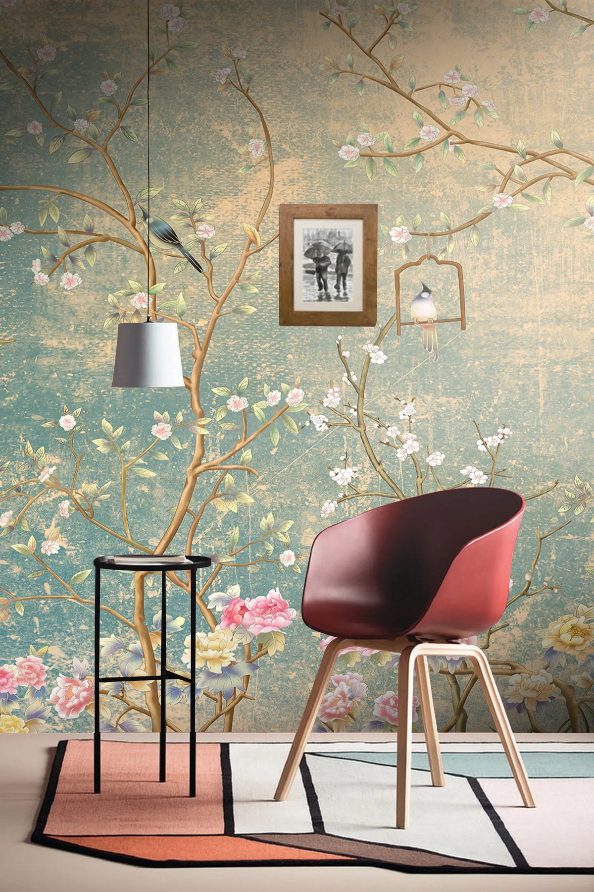 Papier peint panoramique arbuste fleuri et oiseaux - Poésie Murale