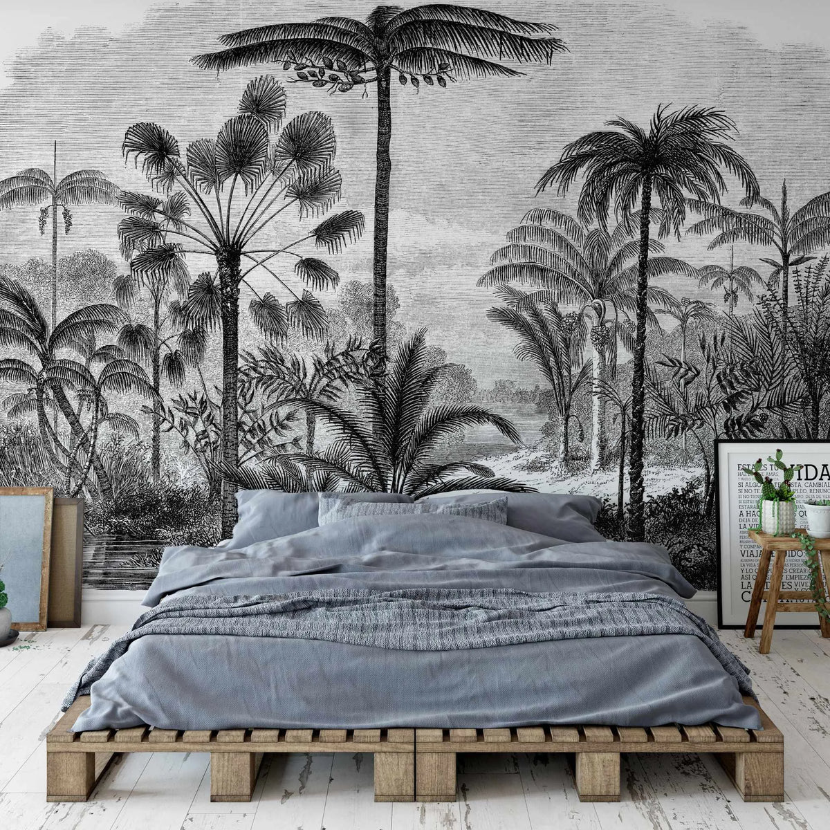 Fresque Murale forêt tropicale noir et blanc
