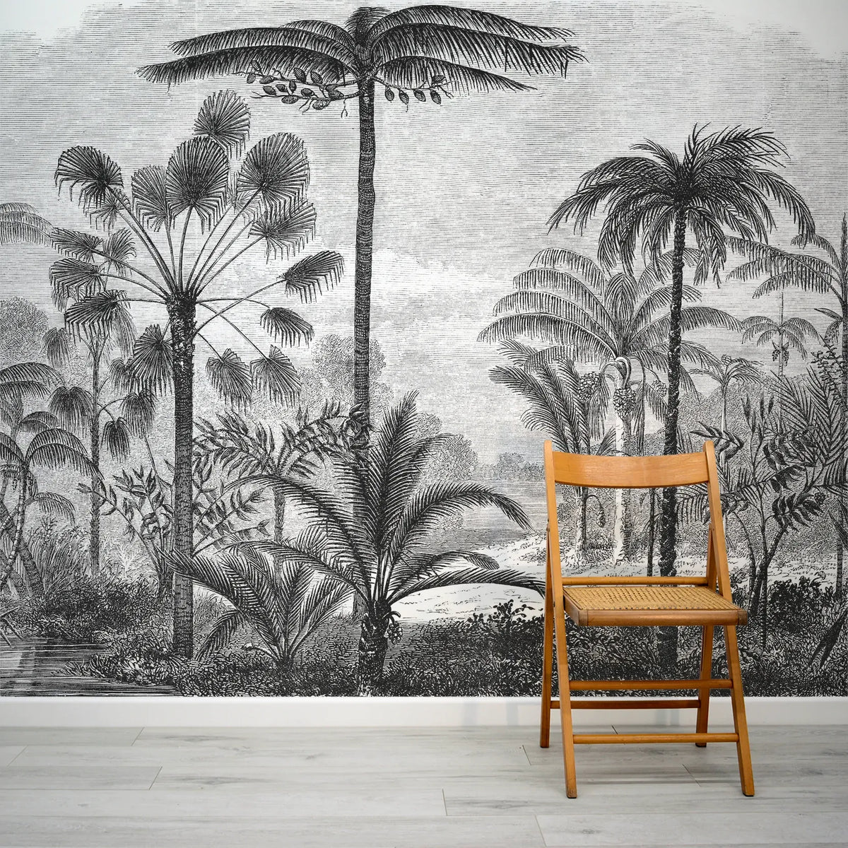 Fresque Murale forêt tropicale noir et blanc