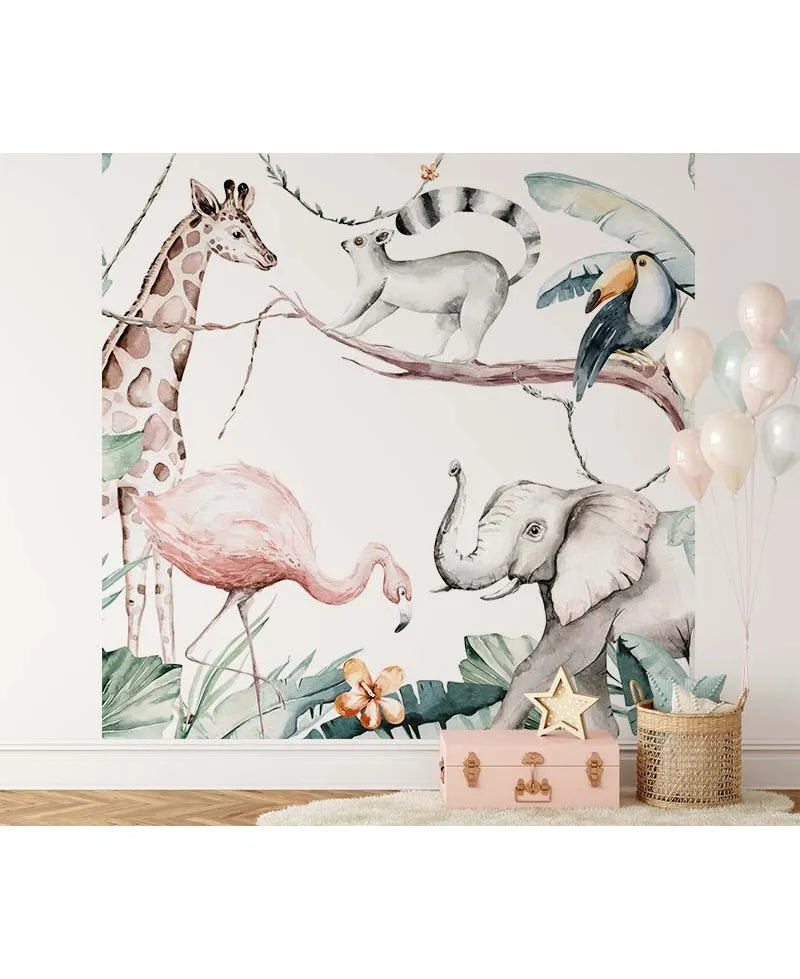 Papier peint chambre enfant, girafe, éléphant & Flamant rose - Poésie Murale