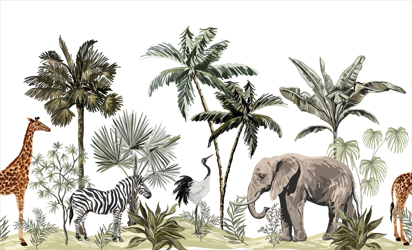 Papier peint panoramique faune éléphant et girafe