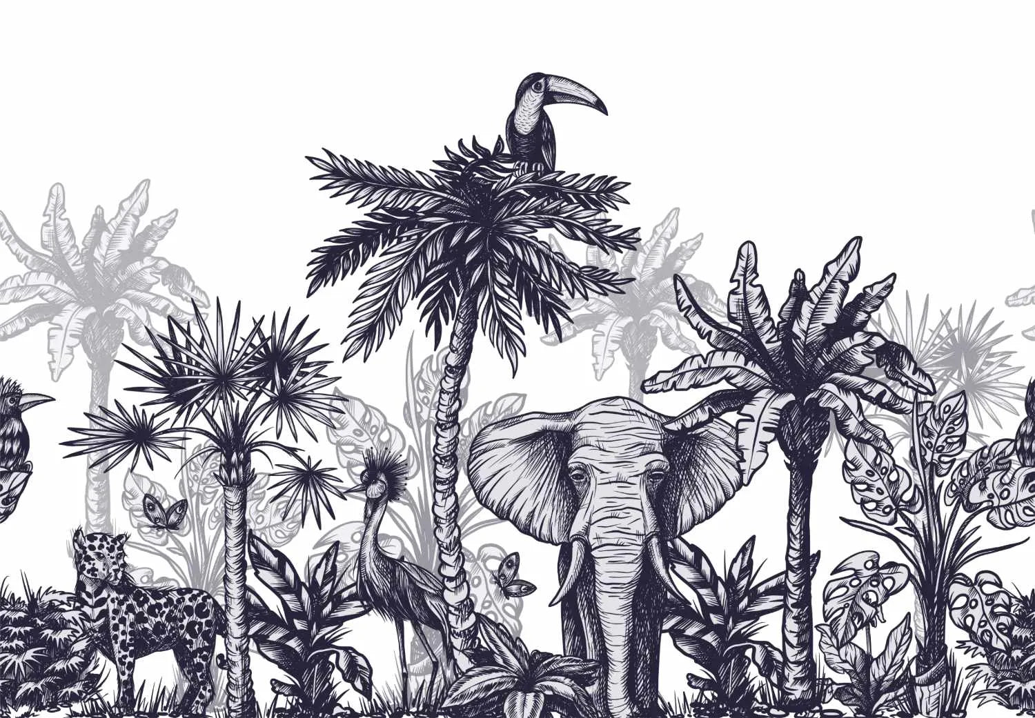 Papier peint panoramique éléphant, toucan et Cie