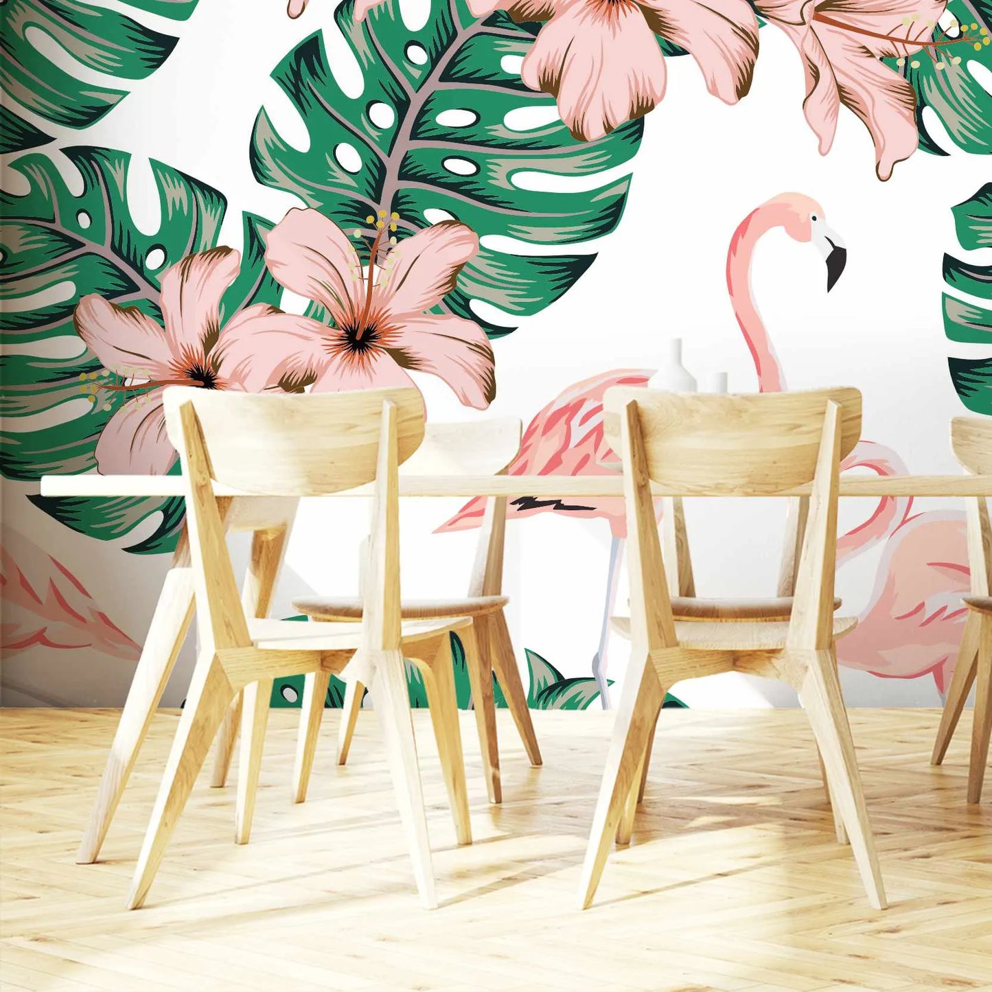 Papier peint panoramique flamant rose et monstera - Poésie Murale