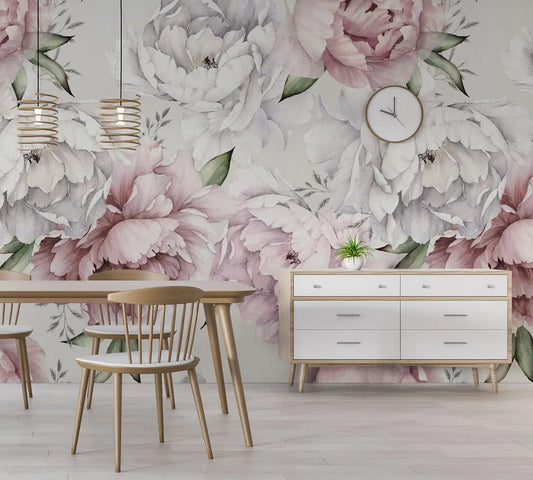 Papier peint panoramique fleurs roses et blanches - Poésie Murale