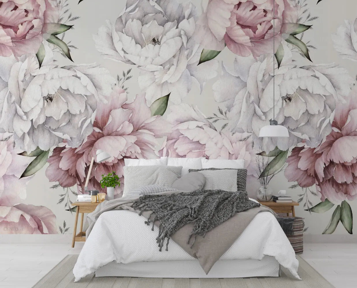 Papier peint panoramique fleurs roses et blanches