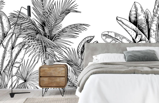 Papier peint panoramique forêt tropicale noir et blanc