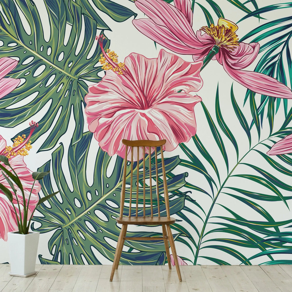Papier peint panoramique hibiscus et monstera - Poésie Murale