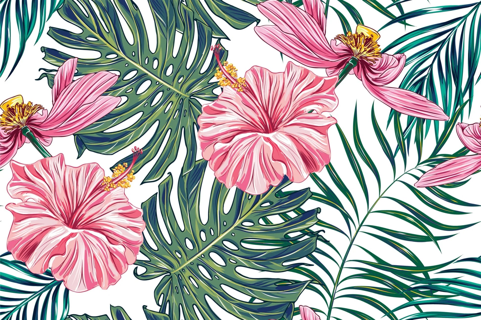 Papier peint panoramique hibiscus et monstera - Poésie Murale