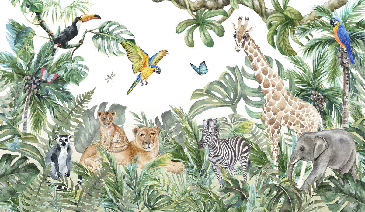 Papier peint panoramique animaux de la jungle tropicale - Poésie Murale