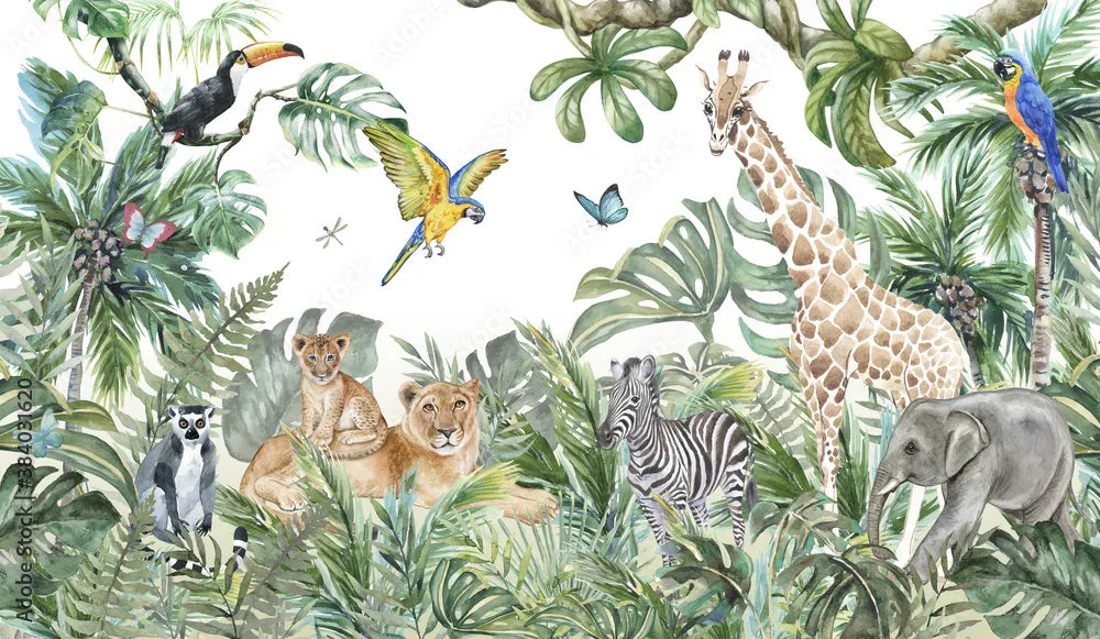 Papier peint panoramique animaux de la jungle tropicale - Poésie Murale