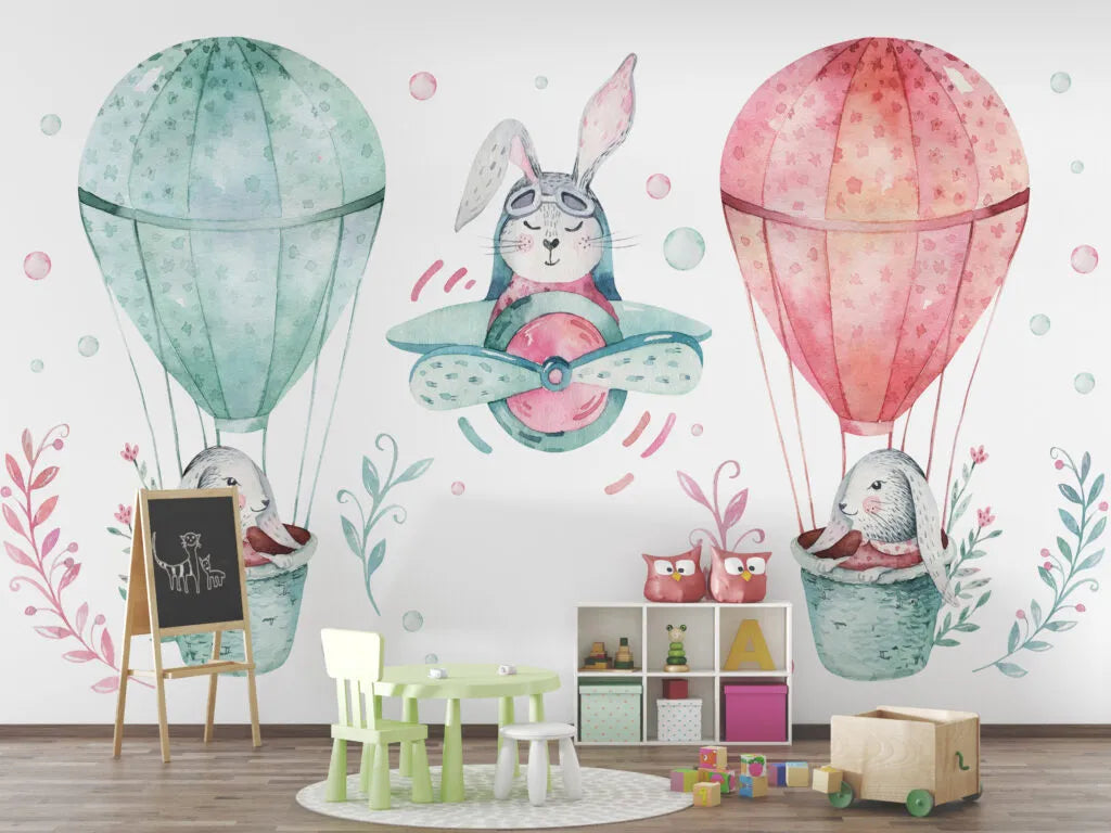 Papier peint Lapin en Montgolfière - Poésie Murale