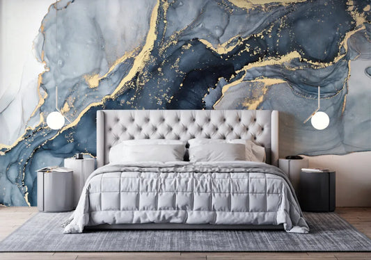 Papier peint panoramique marbre bleu et doré - Poésie Murale