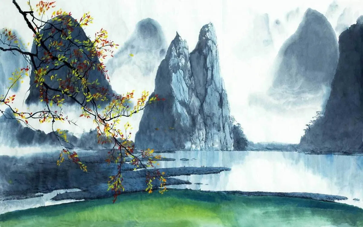 Papier peint panoramique illustration lac et montagne chinoise