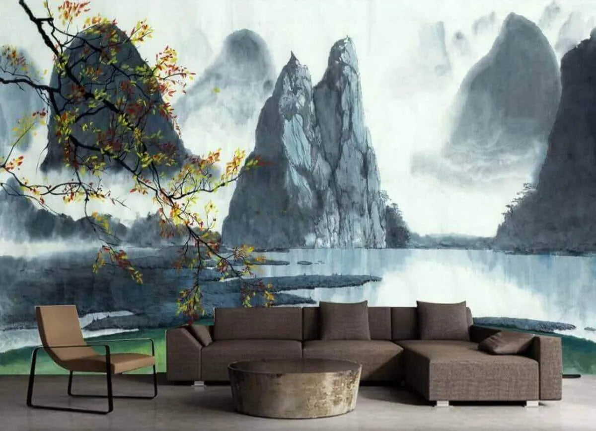 Papier peint panoramique illustration lac et montagne chinoise