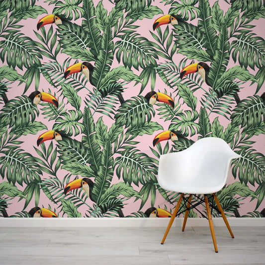 Papier peint panoramique végétation tropical et toucans