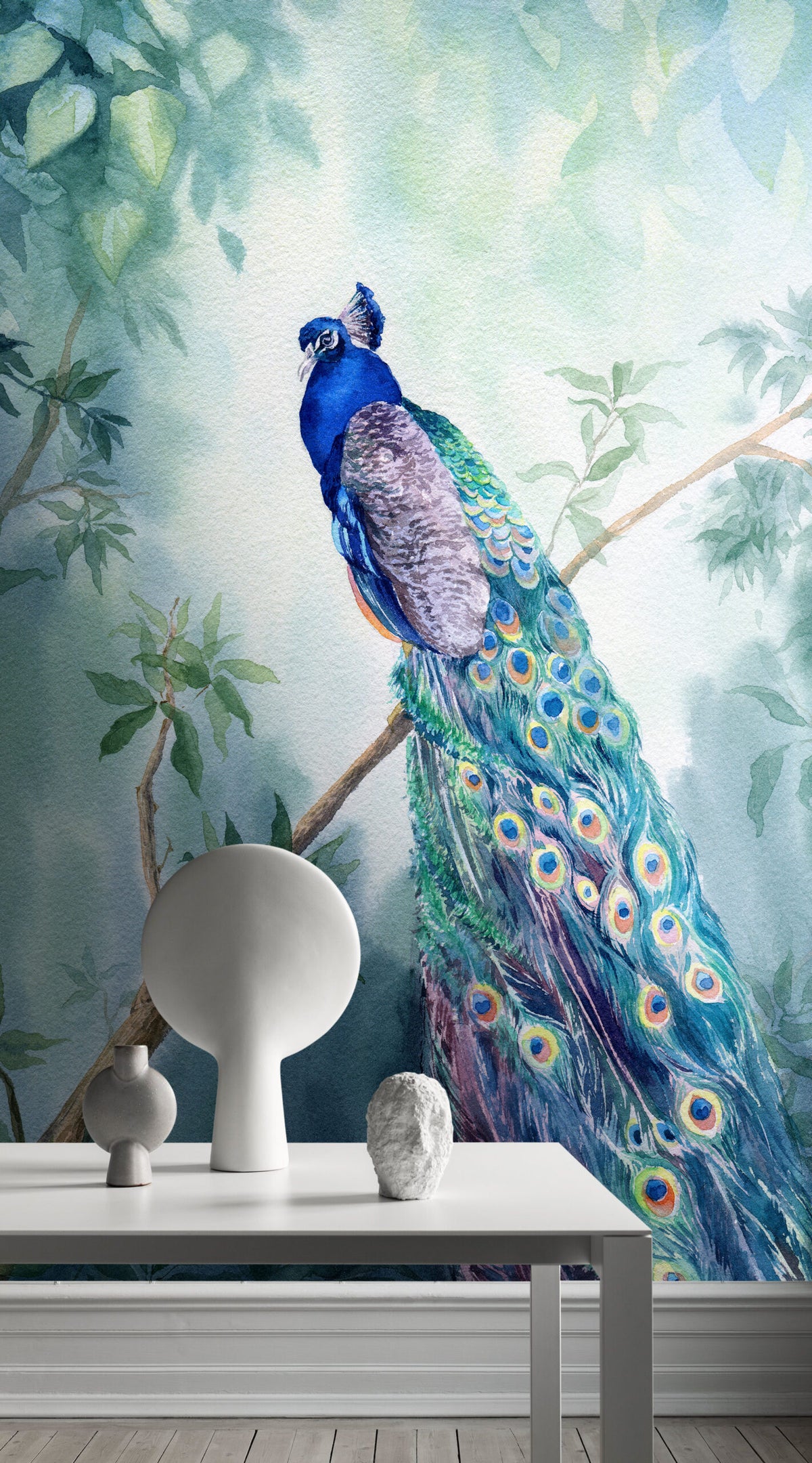 Papier peint panoramique paon bleu du Japon - Poésie Murale
