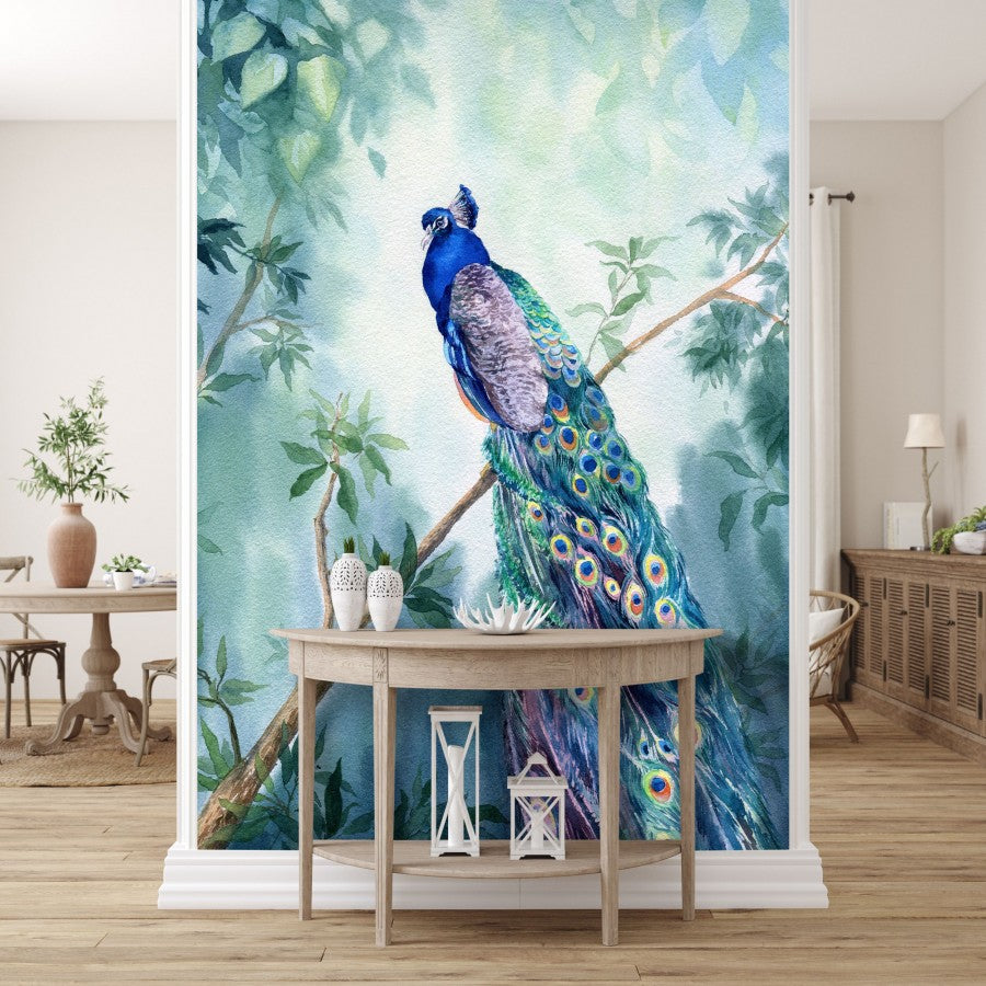 Papier peint panoramique paon bleu du Japon - Poésie Murale