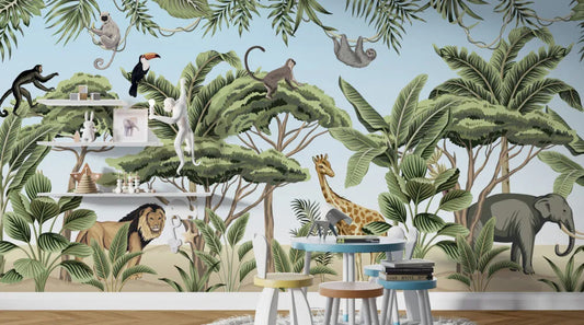 Papier peint panoramique paysage tropical et animaux exotiques