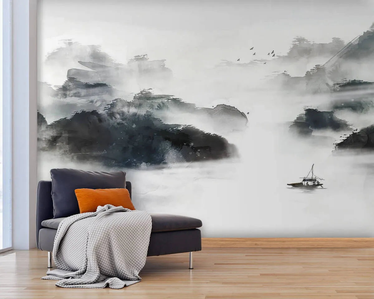 Papier peint panoramique illustration mer et côtes rocheuses