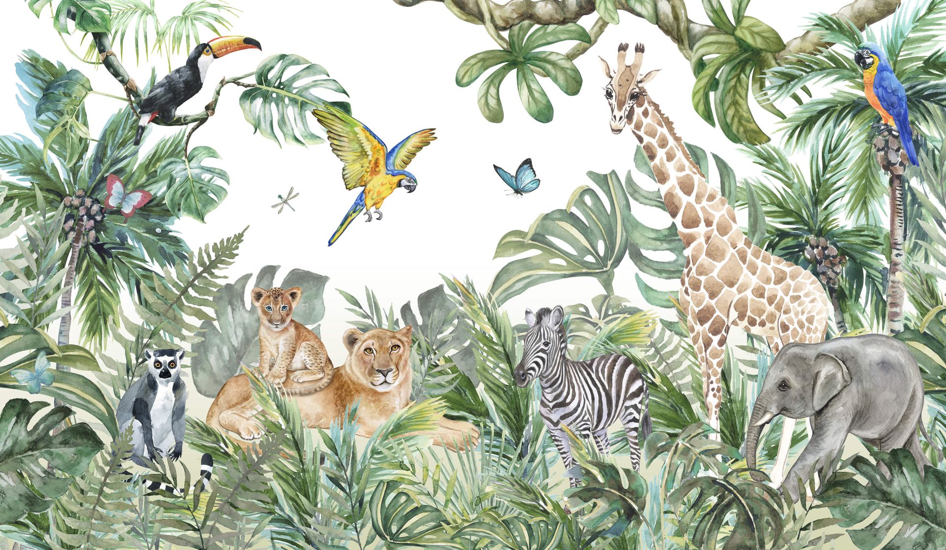 Papier peint panoramique lion perroquet et girafe