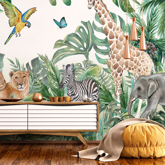 Papier peint panoramique lion perroquet et girafe
