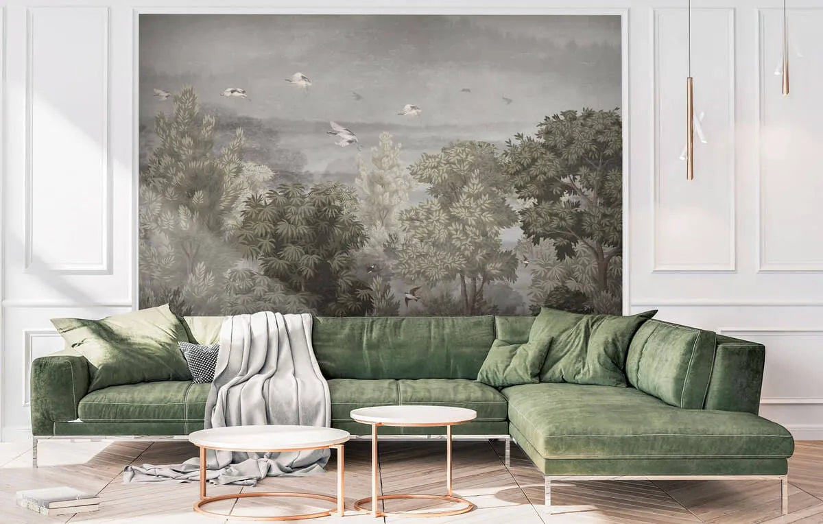 Papier peint panoramique sur mesure foret et vol de grues