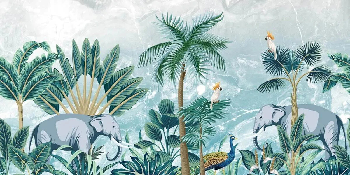 Papier peint panoramique jungle bleue