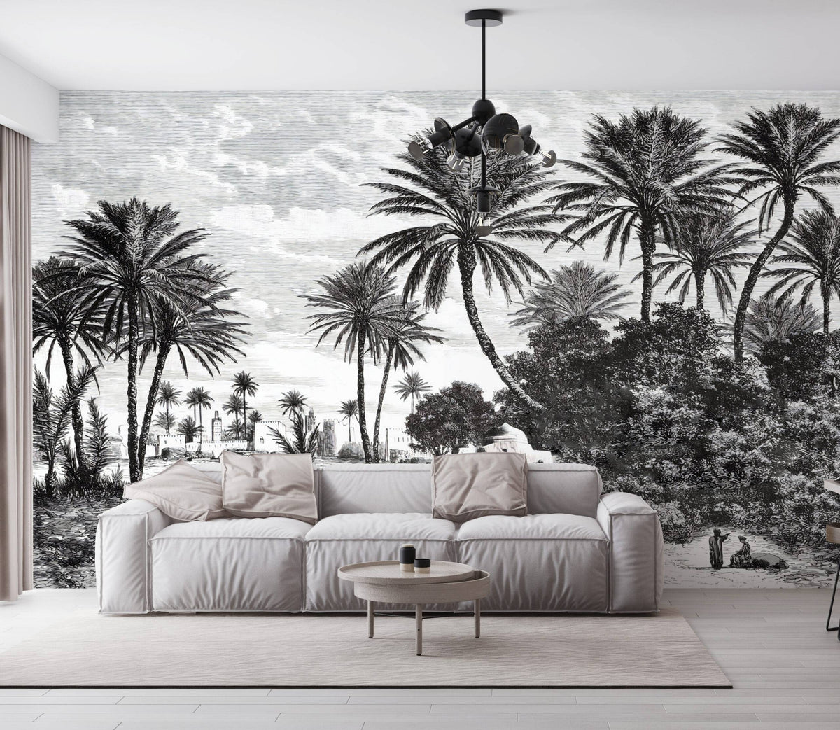 Papier peint panoramique tropical noir et blanc - Poésie Murale