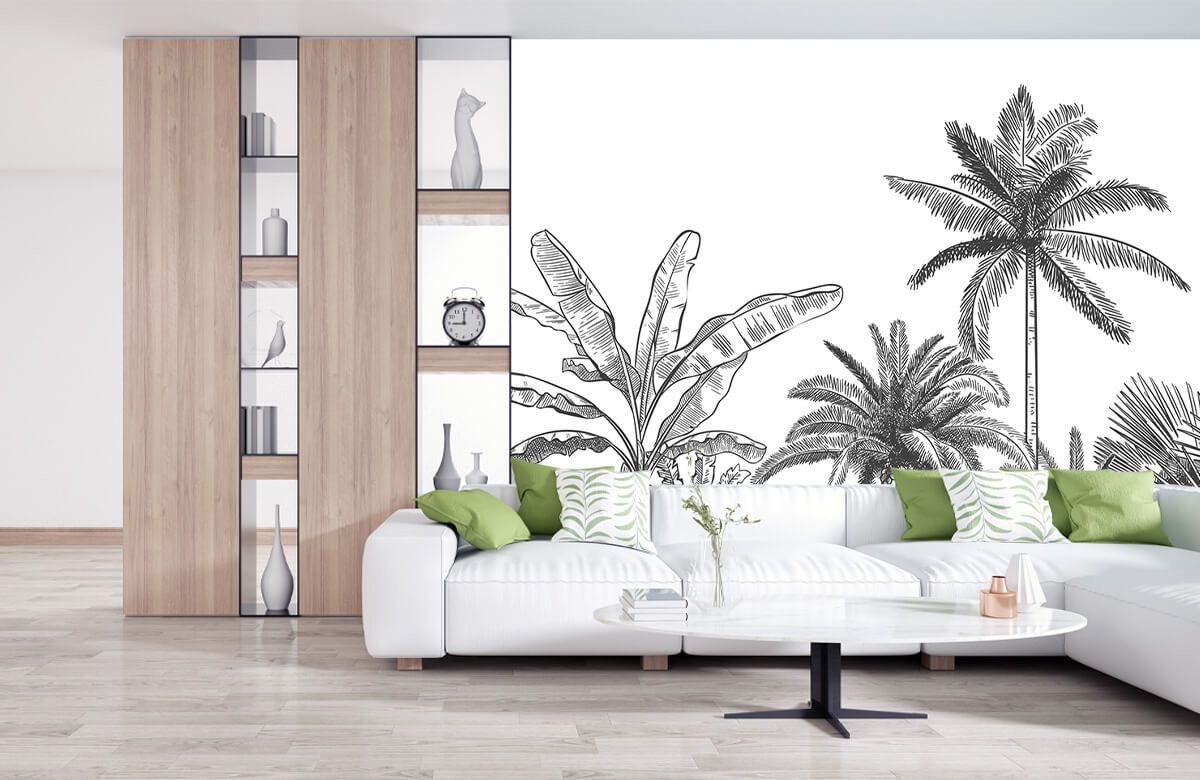 Papier peint panoramique végétation tropicale noir et blanc
