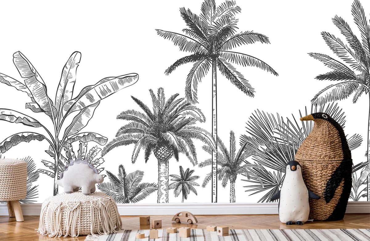 Papier peint panoramique végétation tropicale noir et blanc