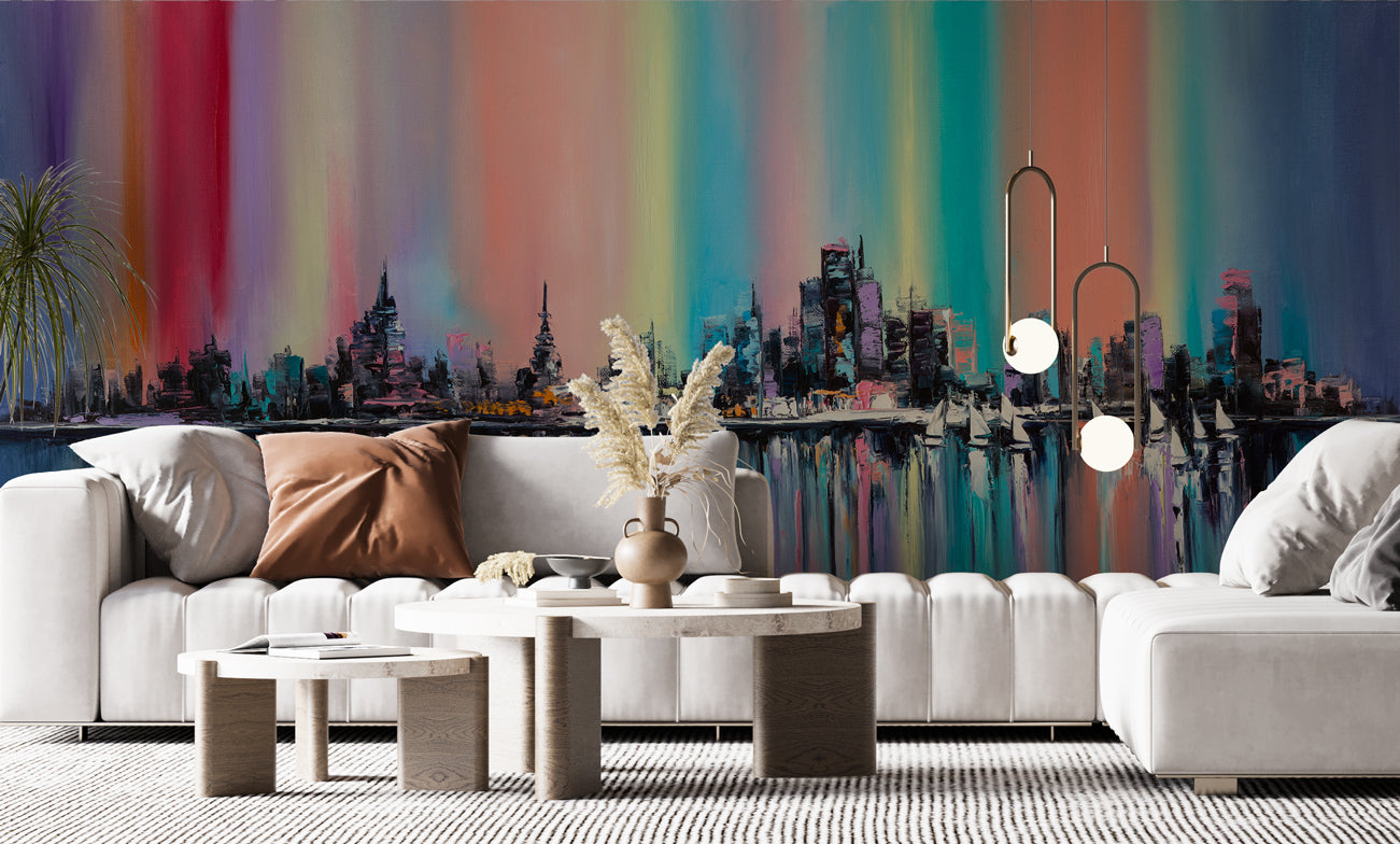 Papier peint panoramique ville colorée - Poésie Murale