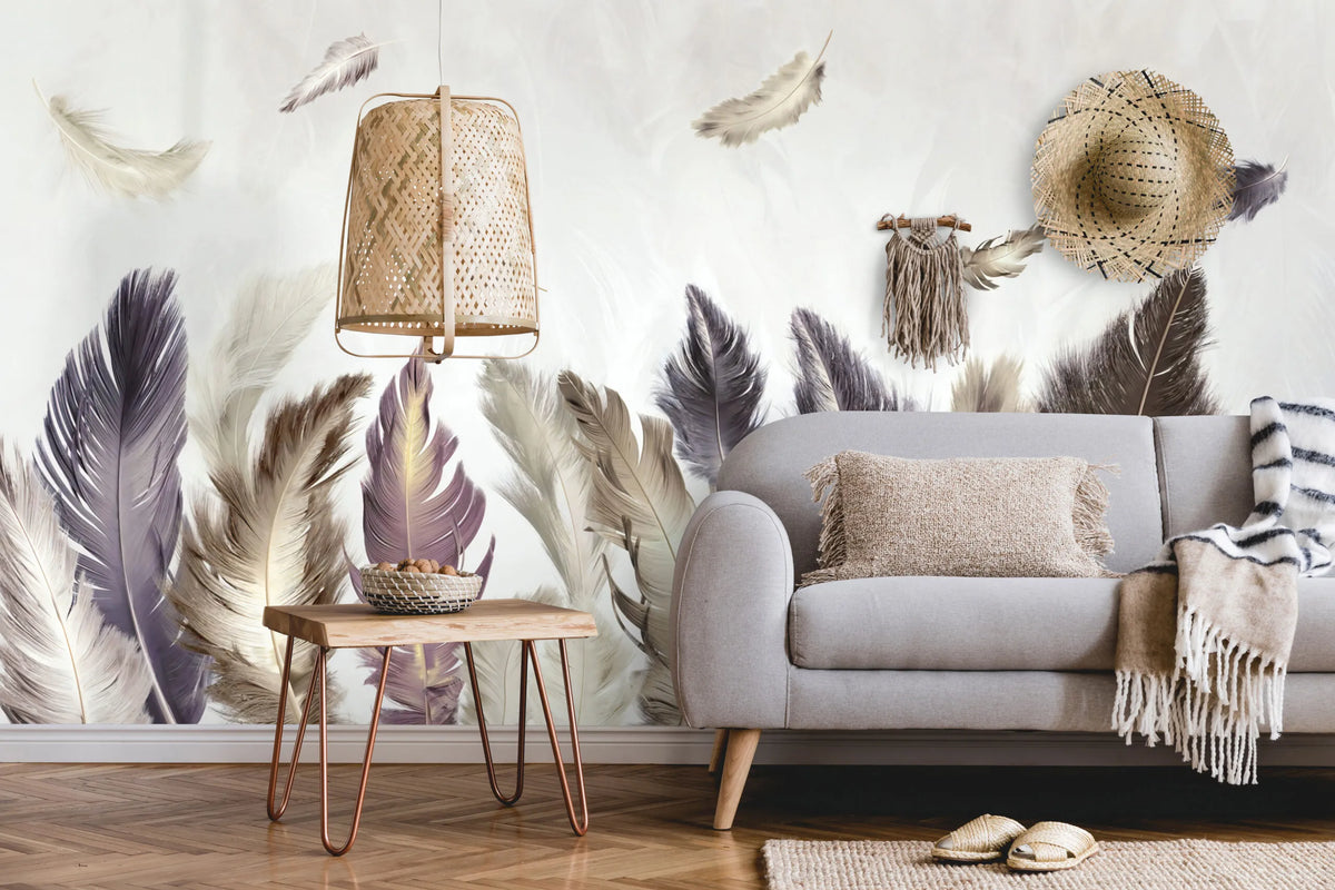 Papier peint panoramique plumes colorées - Poésie Murale