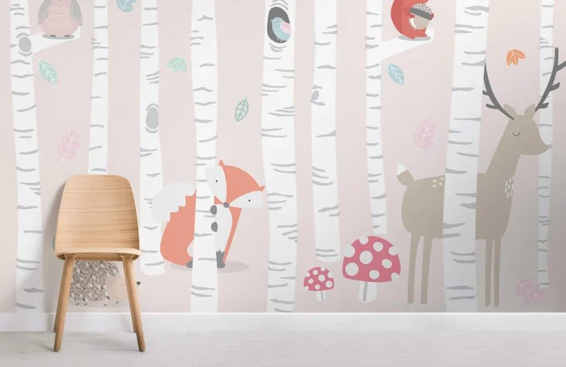 Papier peint biche & animaux de la forêt - Poésie Murale