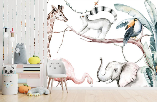 Papier peint chambre enfant, girafe, éléphant & Flamant rose - Poésie Murale