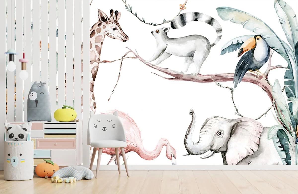 Papier peint chambre enfant, girafe, éléphant & Flamant rose - Poésie Murale