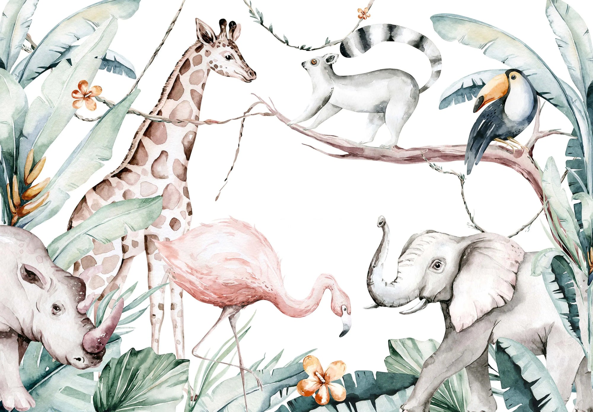 Papier peint chambre enfant, girafe, éléphant & Flamant rose