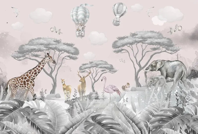 Papier peint girafe, éléphant dans la savane