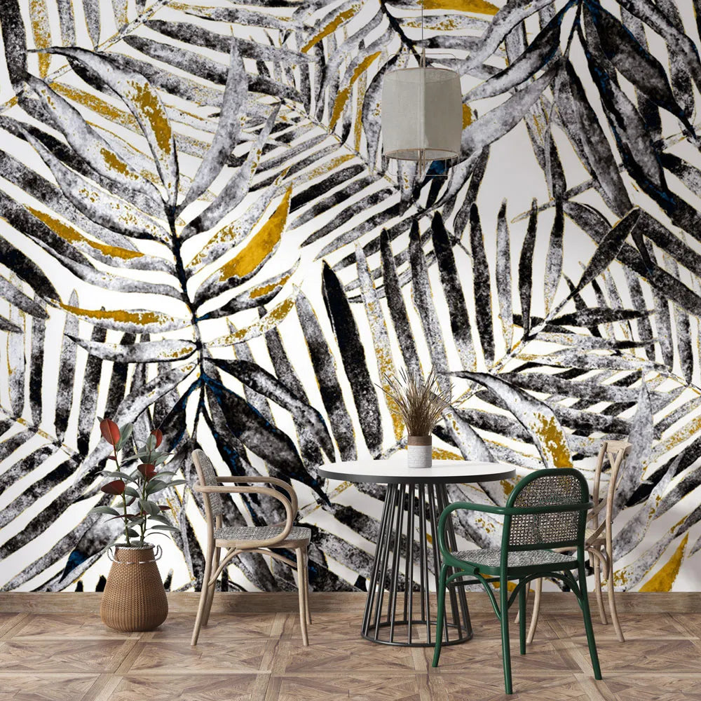 Papier peint sur mesure feuille tropicale noir et blanc - Poésie Murale
